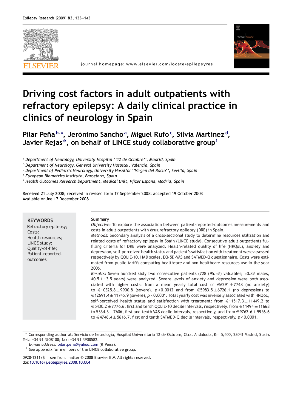 Driving cost factors in adult outpatients with refractory epilepsy: A daily clinical practice in clinics of neurology in Spain