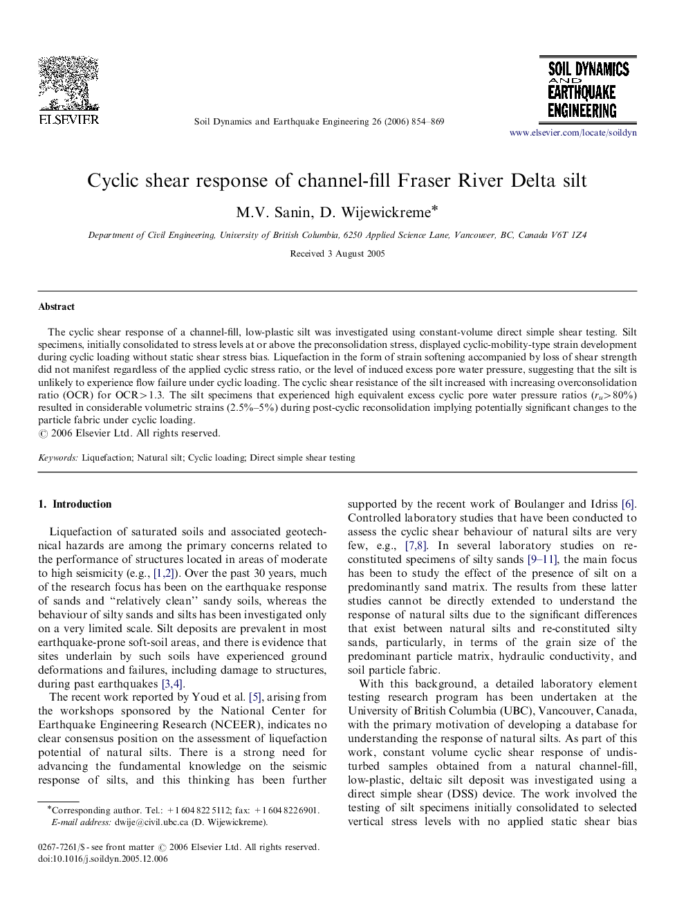 Cyclic shear response of channel-fill Fraser River Delta silt