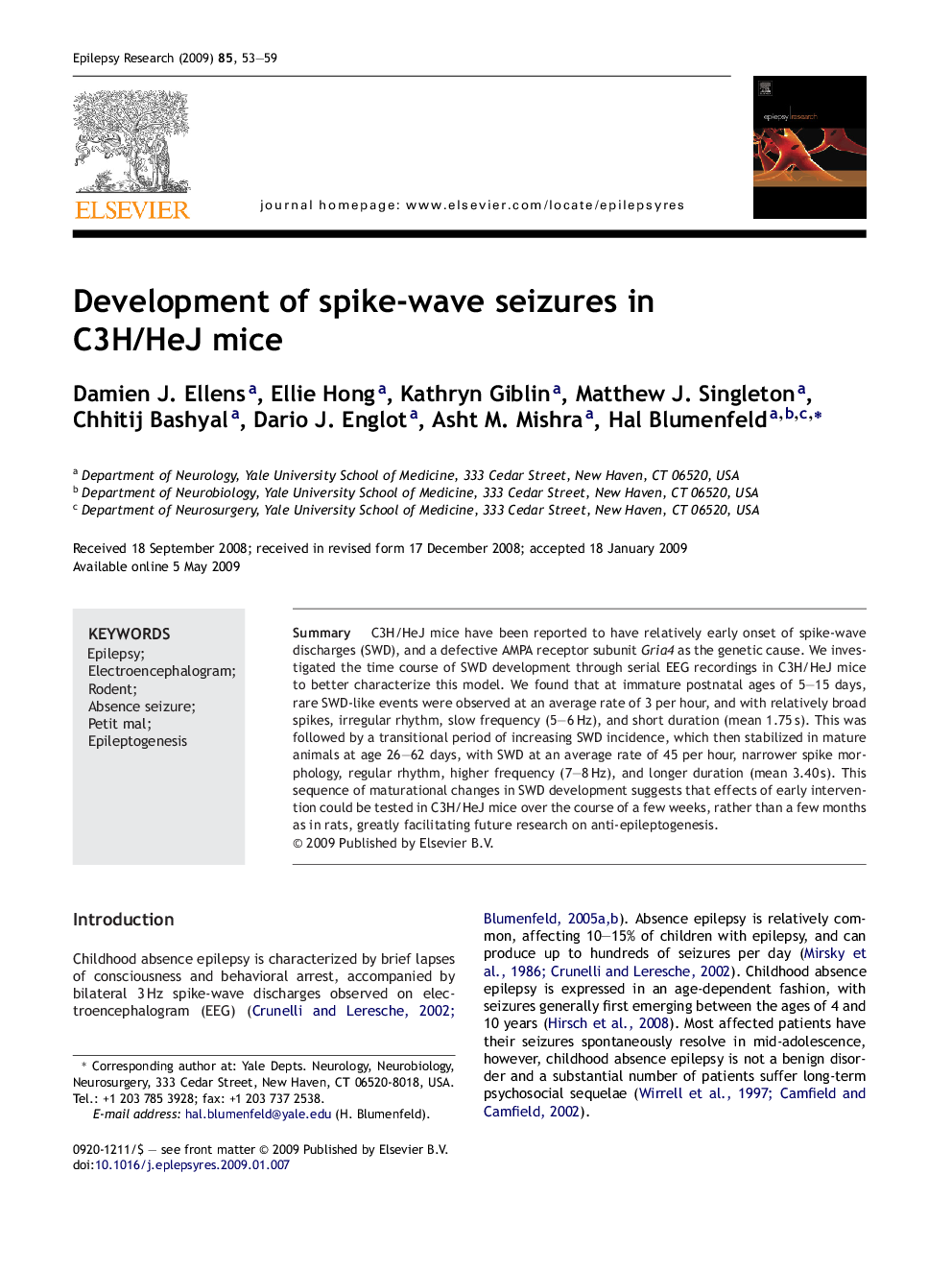 Development of spike-wave seizures in C3H/HeJ mice