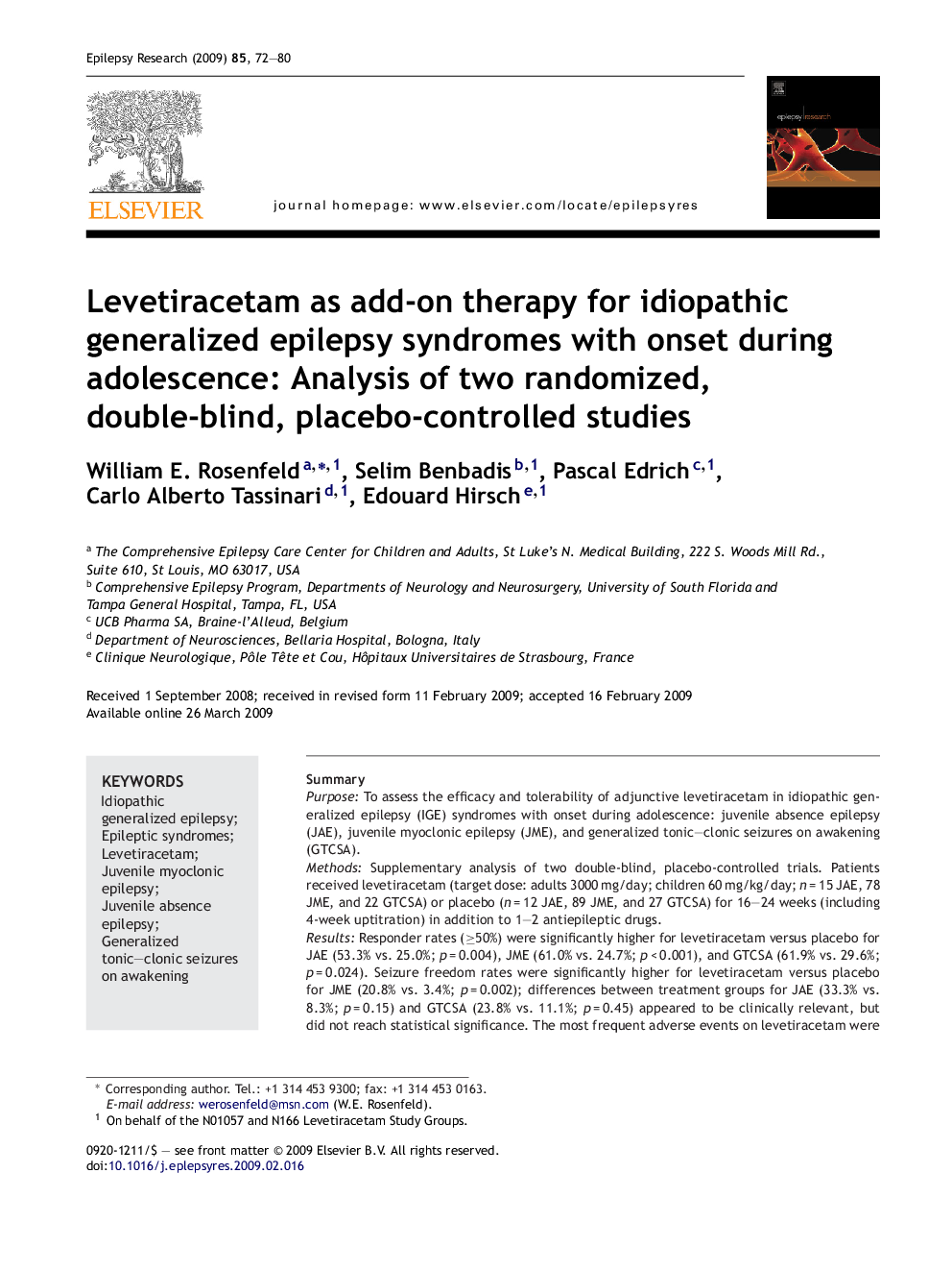 Levetiracetam as add-on therapy for idiopathic generalized epilepsy syndromes with onset during adolescence: Analysis of two randomized, double-blind, placebo-controlled studies