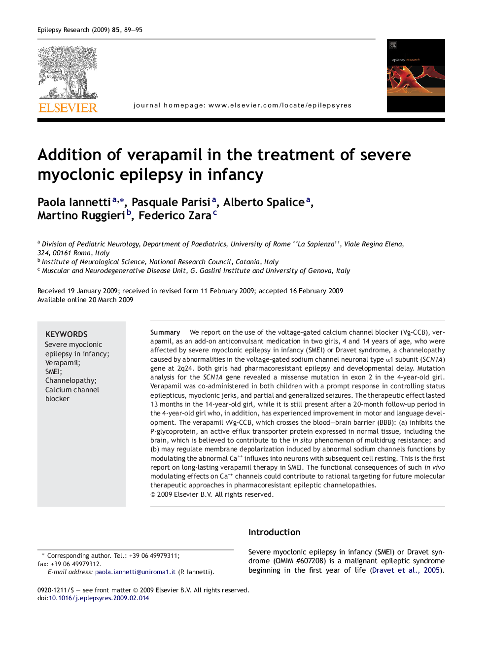 Addition of verapamil in the treatment of severe myoclonic epilepsy in infancy