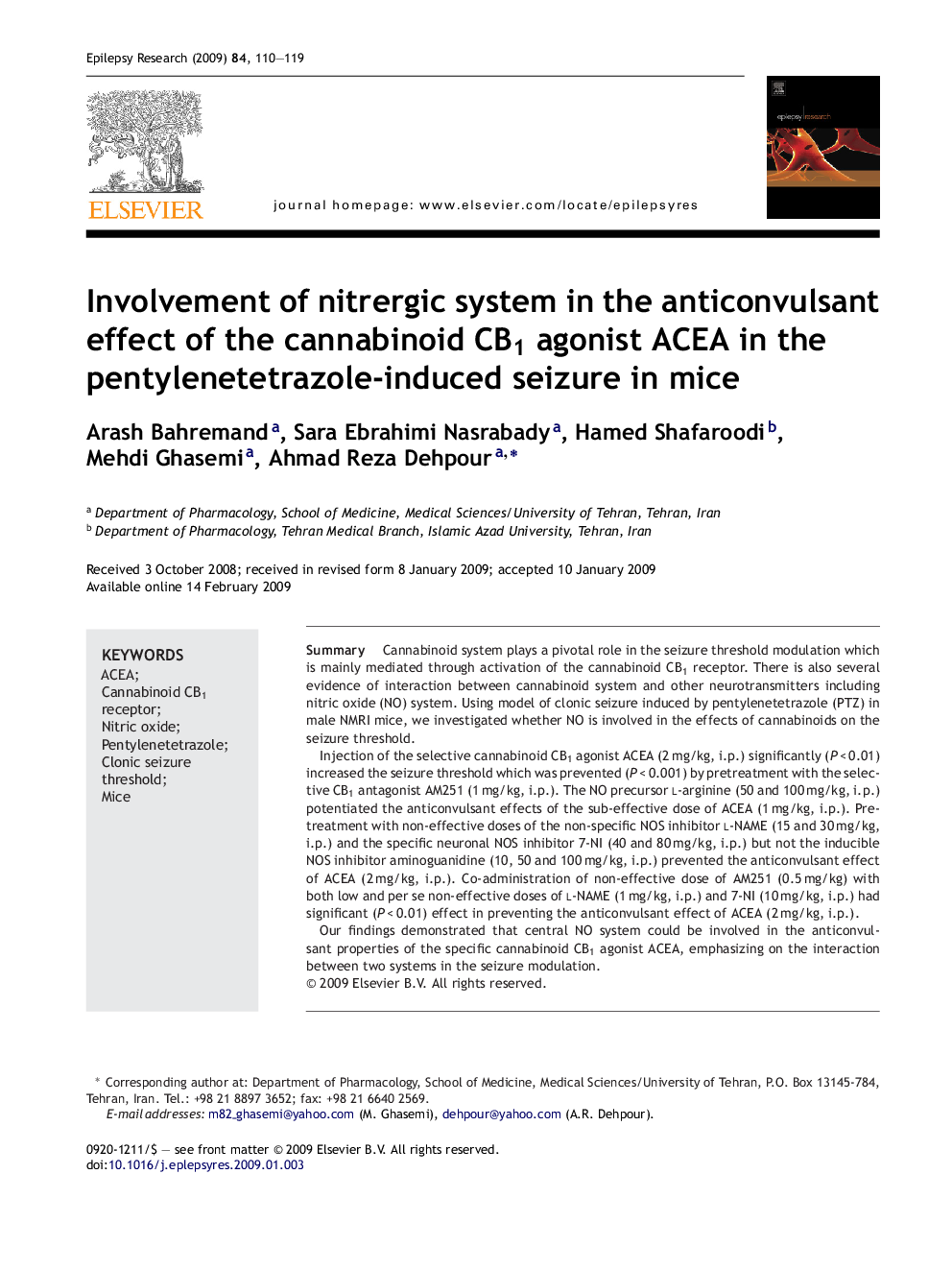 Involvement of nitrergic system in the anticonvulsant effect of the cannabinoid CB1 agonist ACEA in the pentylenetetrazole-induced seizure in mice