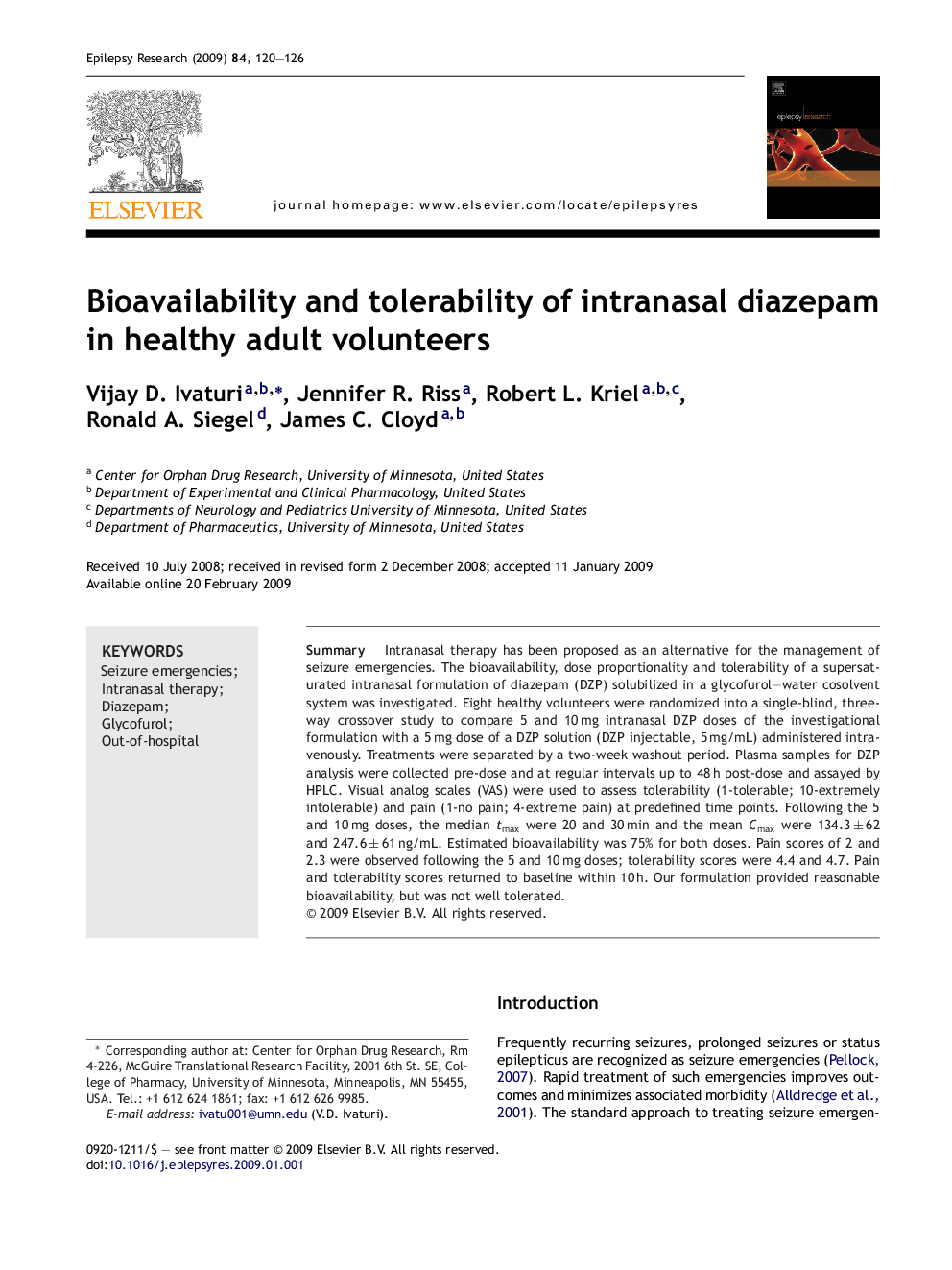 Bioavailability and tolerability of intranasal diazepam in healthy adult volunteers