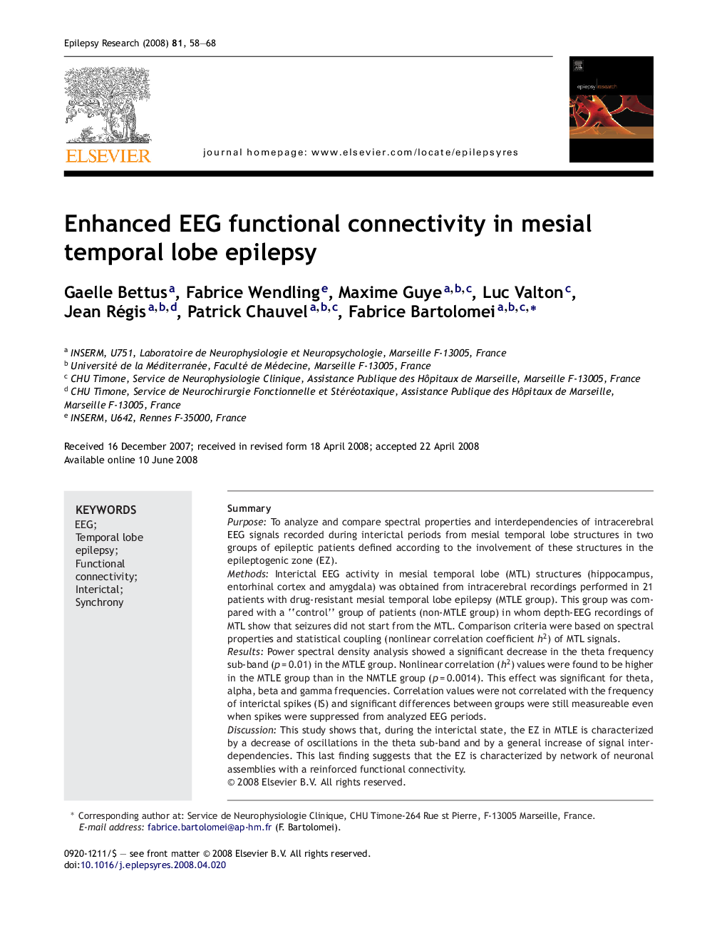 Enhanced EEG functional connectivity in mesial temporal lobe epilepsy