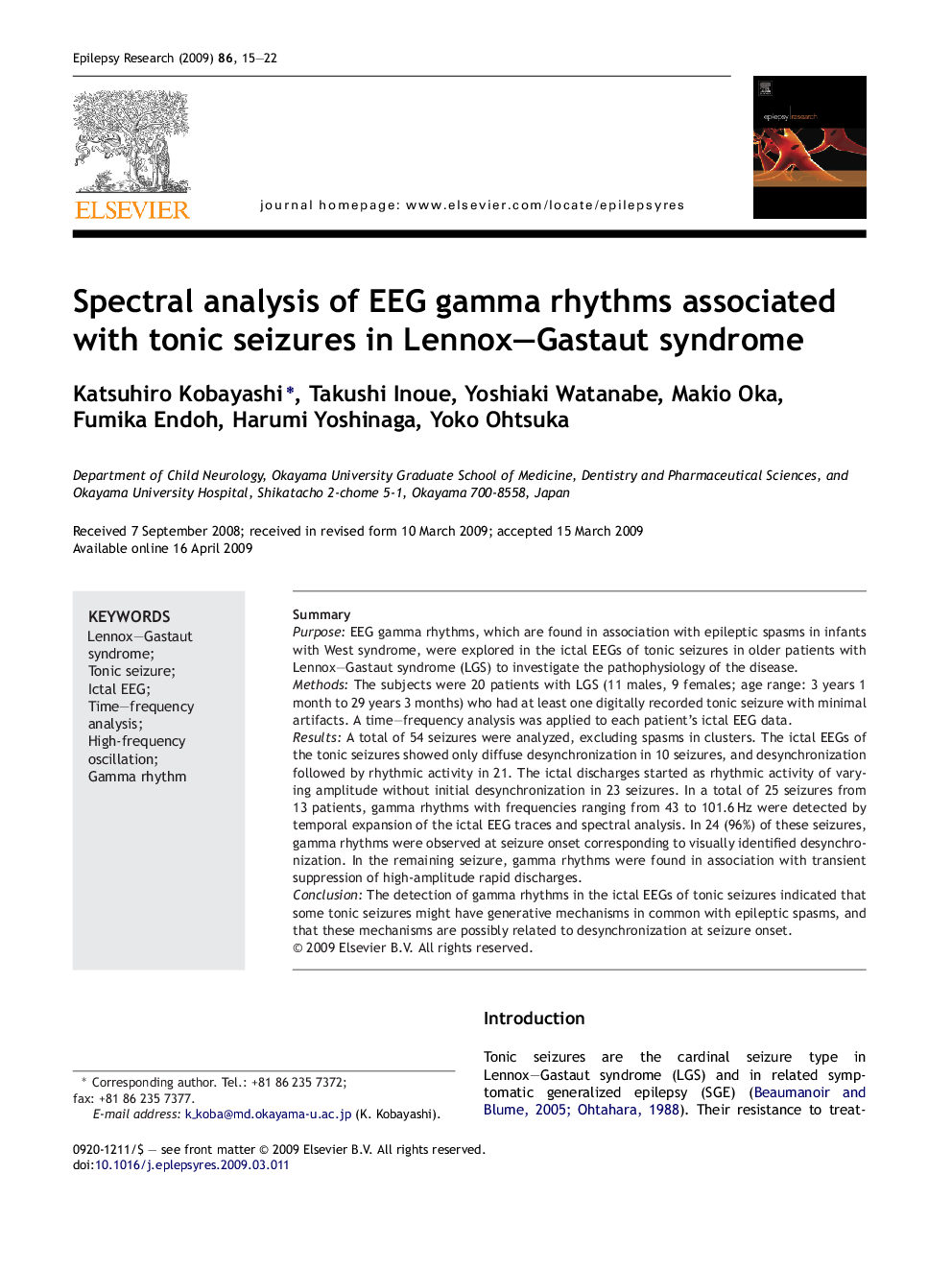 Spectral analysis of EEG gamma rhythms associated with tonic seizures in Lennox–Gastaut syndrome