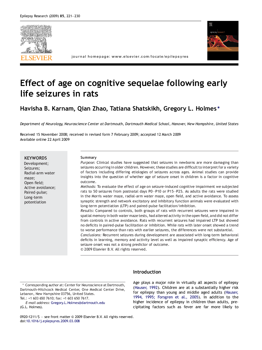 Effect of age on cognitive sequelae following early life seizures in rats