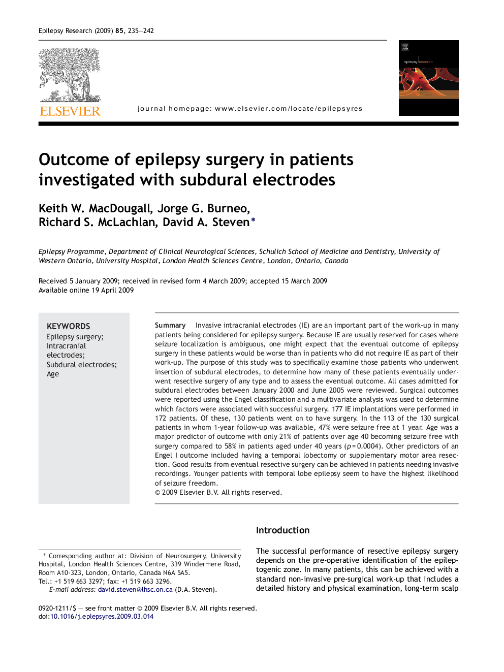 Outcome of epilepsy surgery in patients investigated with subdural electrodes