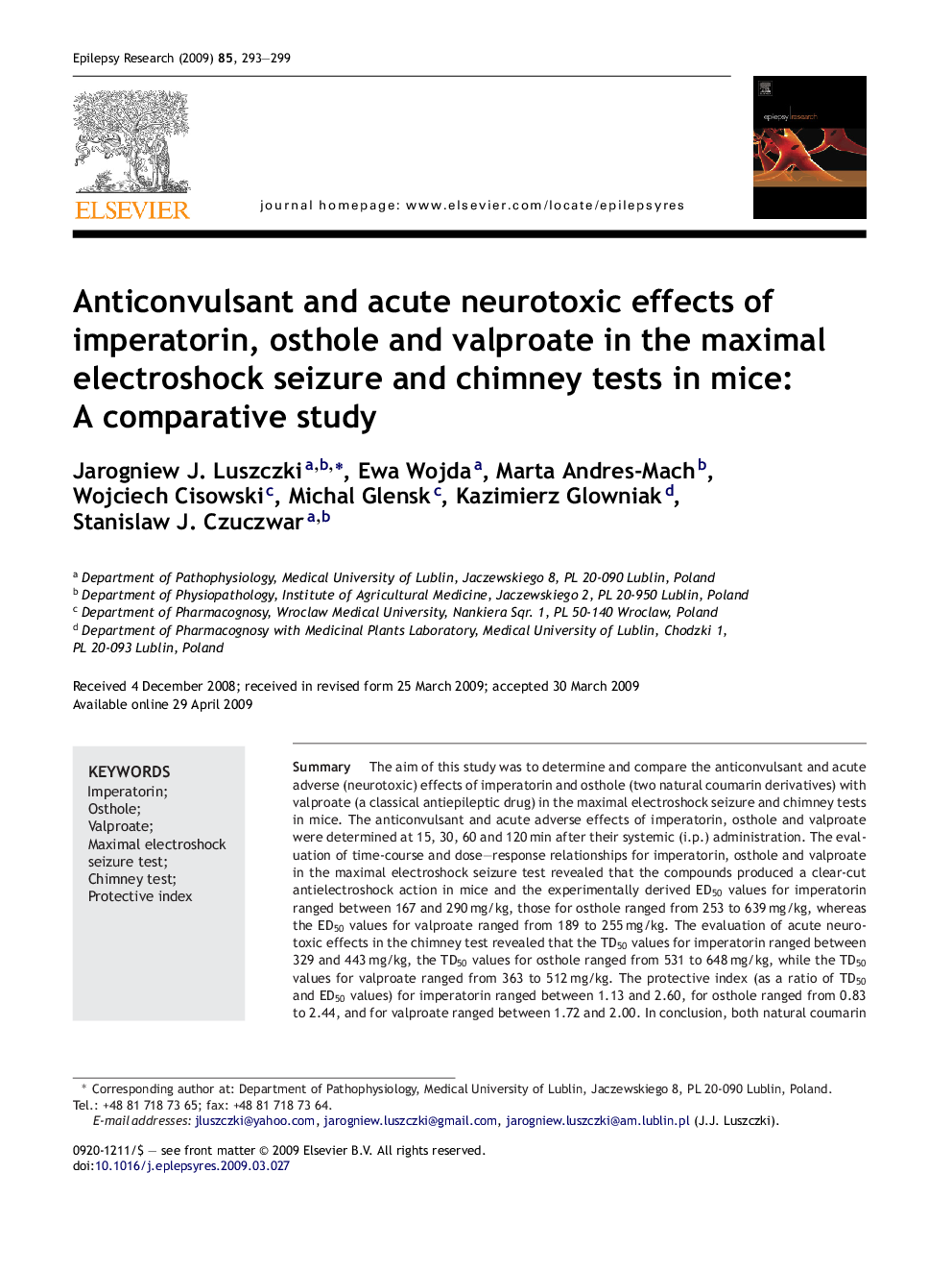 Anticonvulsant and acute neurotoxic effects of imperatorin, osthole and valproate in the maximal electroshock seizure and chimney tests in mice: A comparative study