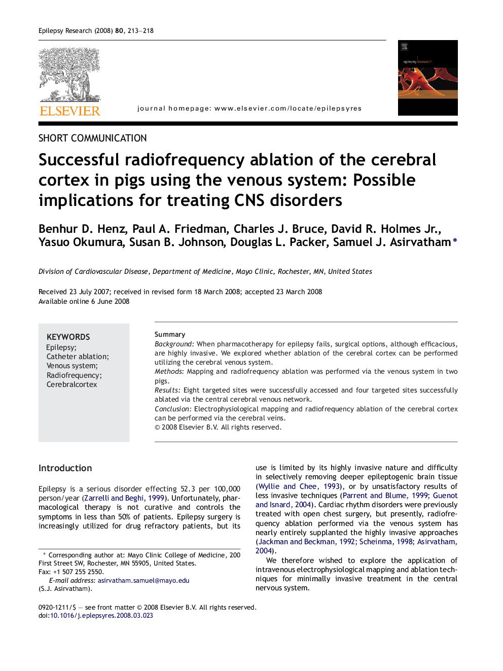 Successful radiofrequency ablation of the cerebral cortex in pigs using the venous system: Possible implications for treating CNS disorders