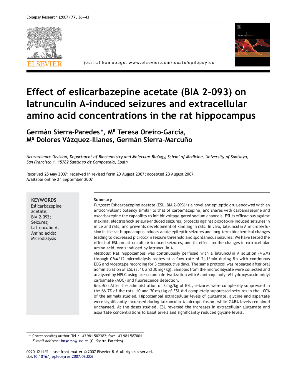 Effect of eslicarbazepine acetate (BIA 2-093) on latrunculin A-induced seizures and extracellular amino acid concentrations in the rat hippocampus