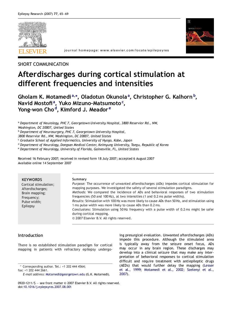 Afterdischarges during cortical stimulation at different frequencies and intensities