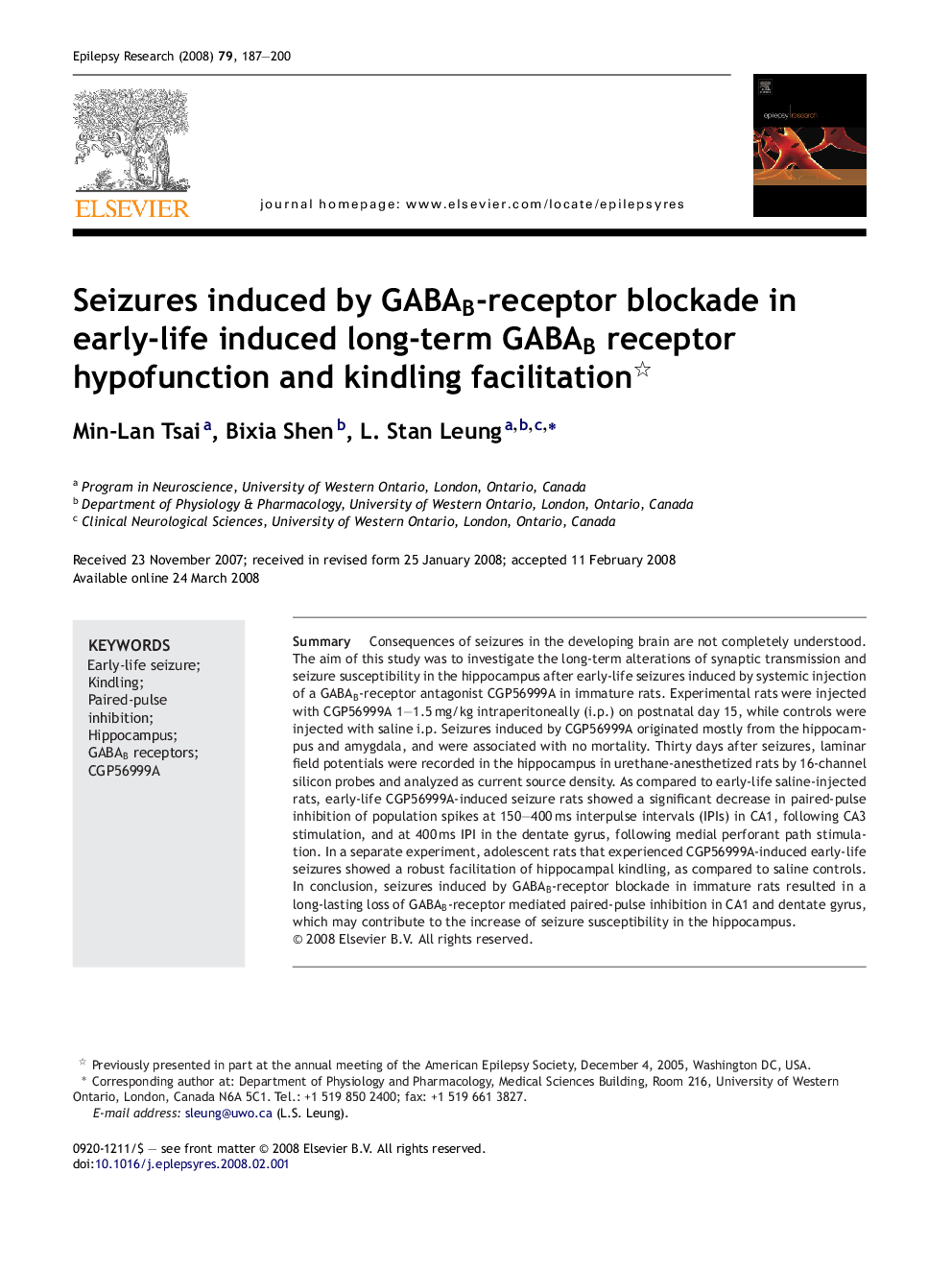 Seizures induced by GABAB-receptor blockade in early-life induced long-term GABAB receptor hypofunction and kindling facilitation 