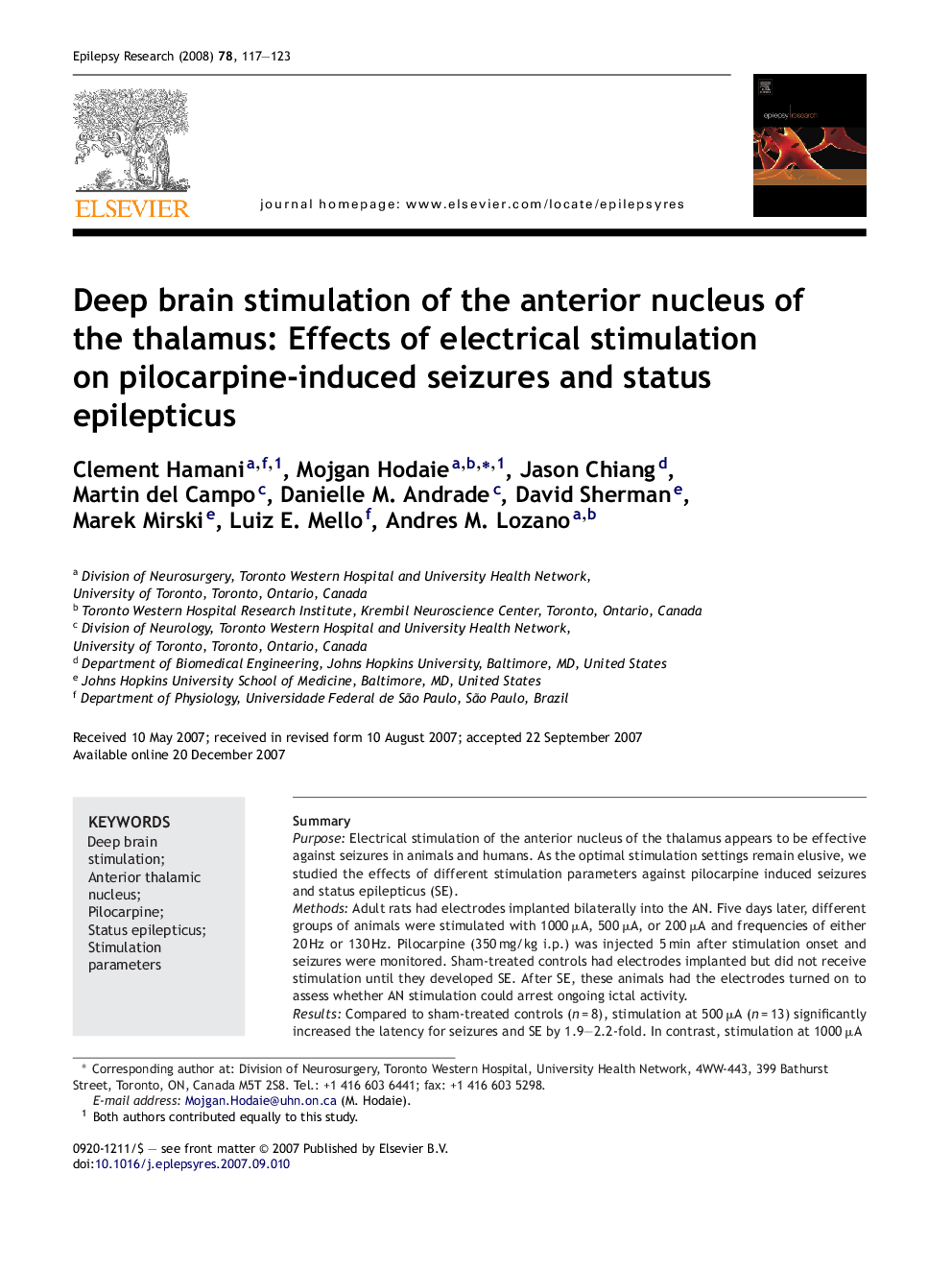 Deep brain stimulation of the anterior nucleus of the thalamus: Effects of electrical stimulation on pilocarpine-induced seizures and status epilepticus