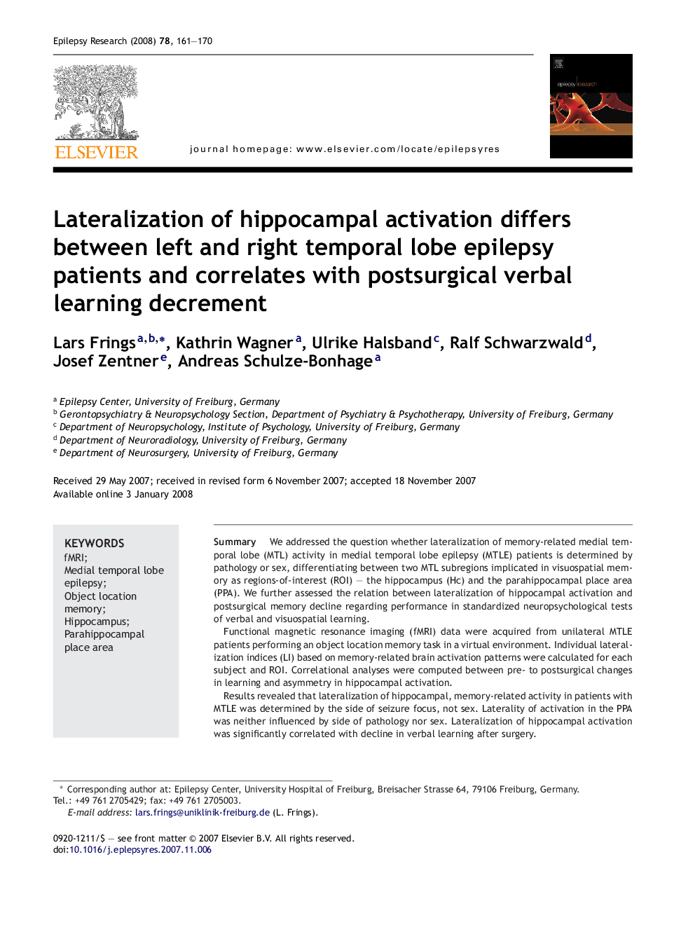 Lateralization of hippocampal activation differs between left and right temporal lobe epilepsy patients and correlates with postsurgical verbal learning decrement