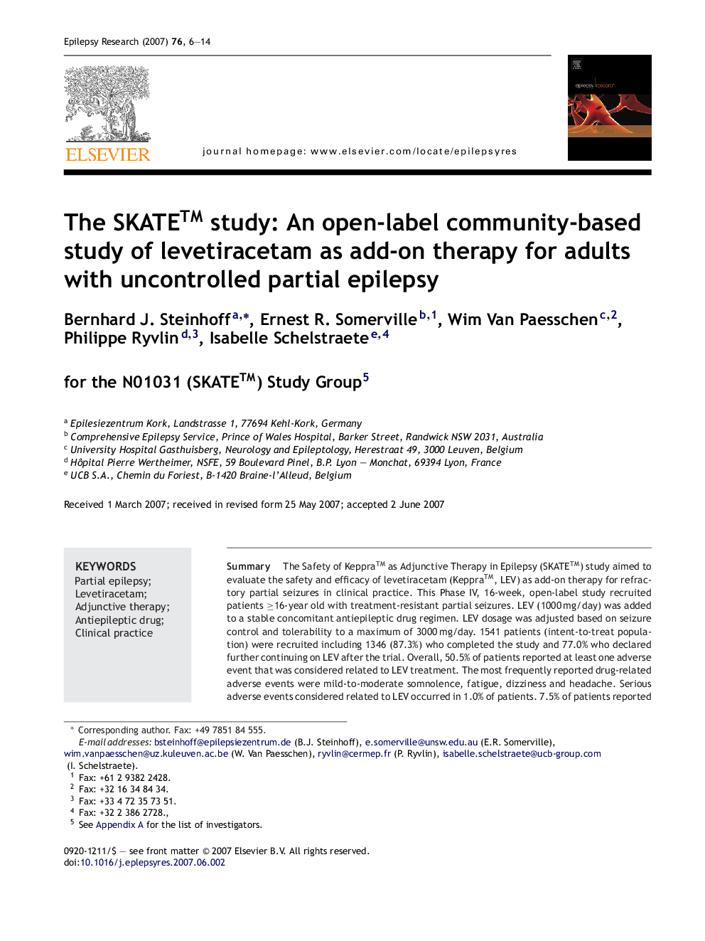 The SKATE™ study: An open-label community-based study of levetiracetam as add-on therapy for adults with uncontrolled partial epilepsy