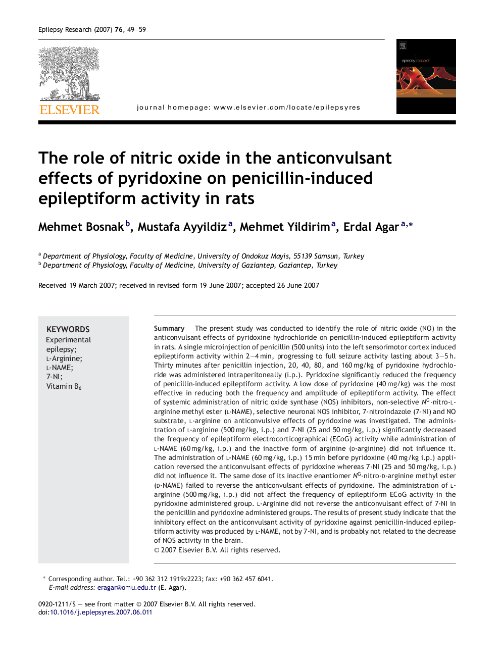 The role of nitric oxide in the anticonvulsant effects of pyridoxine on penicillin-induced epileptiform activity in rats