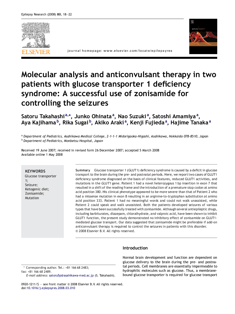 Molecular analysis and anticonvulsant therapy in two patients with glucose transporter 1 deficiency syndrome: A successful use of zonisamide for controlling the seizures