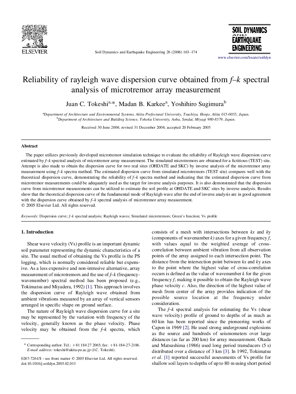 Reliability of rayleigh wave dispersion curve obtained from f–k spectral analysis of microtremor array measurement