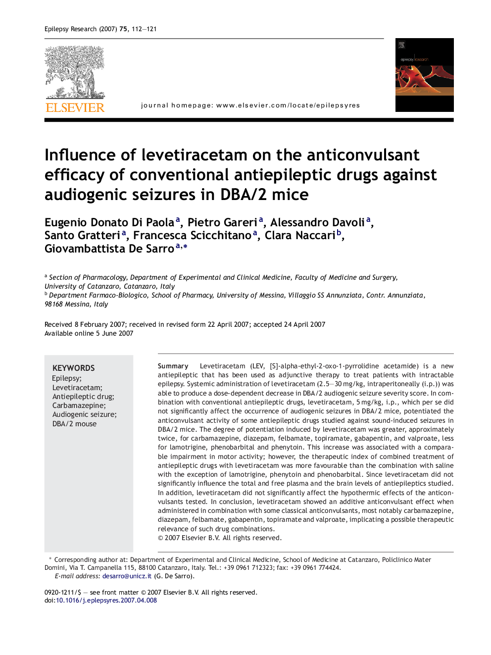 Influence of levetiracetam on the anticonvulsant efficacy of conventional antiepileptic drugs against audiogenic seizures in DBA/2 mice