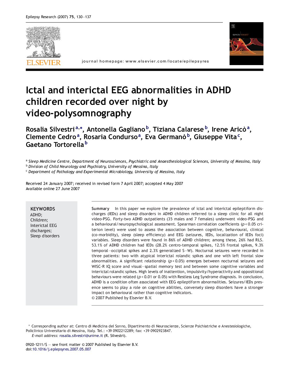 Ictal and interictal EEG abnormalities in ADHD children recorded over night by video-polysomnography