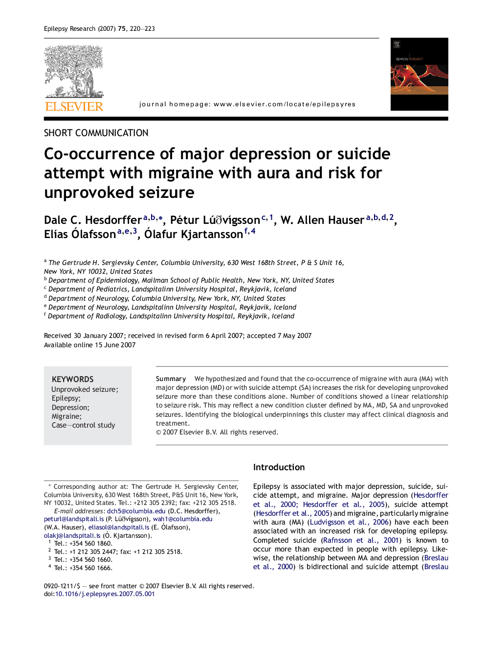 Co-occurrence of major depression or suicide attempt with migraine with aura and risk for unprovoked seizure