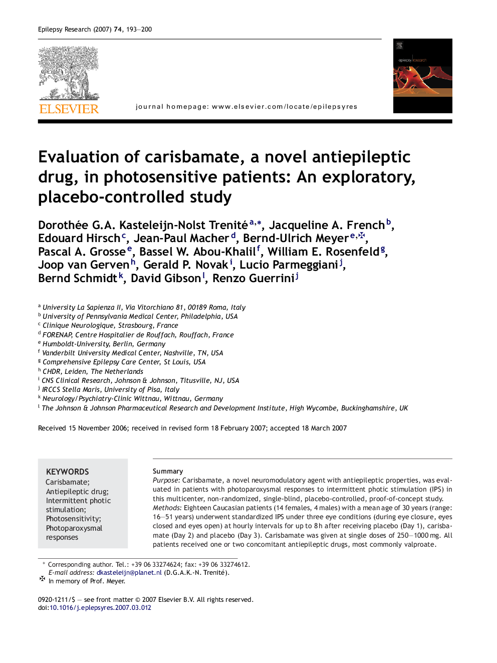 Evaluation of carisbamate, a novel antiepileptic drug, in photosensitive patients: An exploratory, placebo-controlled study