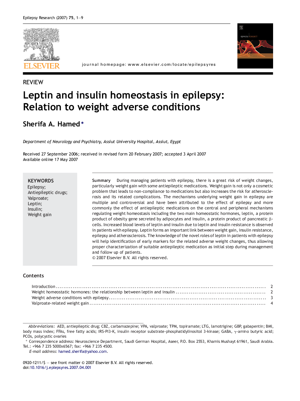 Leptin and insulin homeostasis in epilepsy: Relation to weight adverse conditions