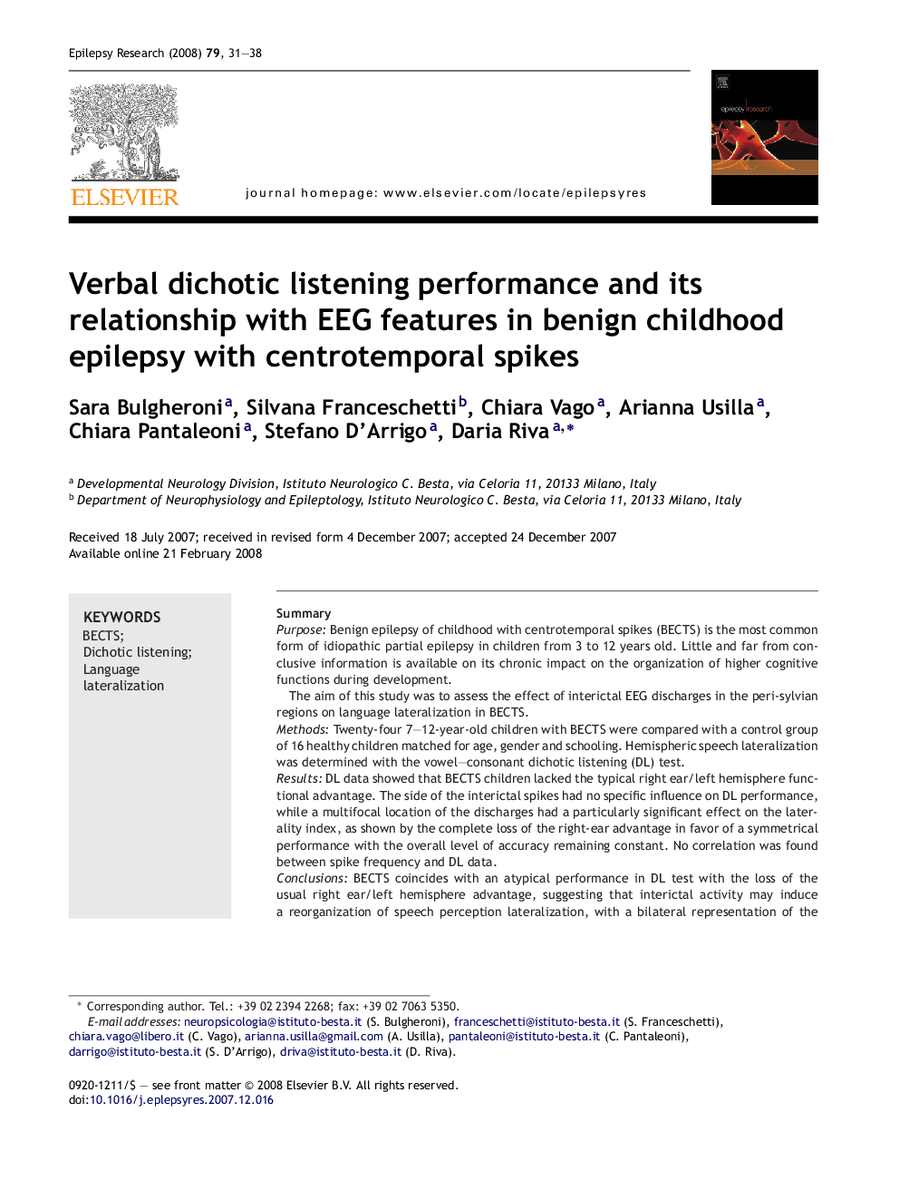 Verbal dichotic listening performance and its relationship with EEG features in benign childhood epilepsy with centrotemporal spikes