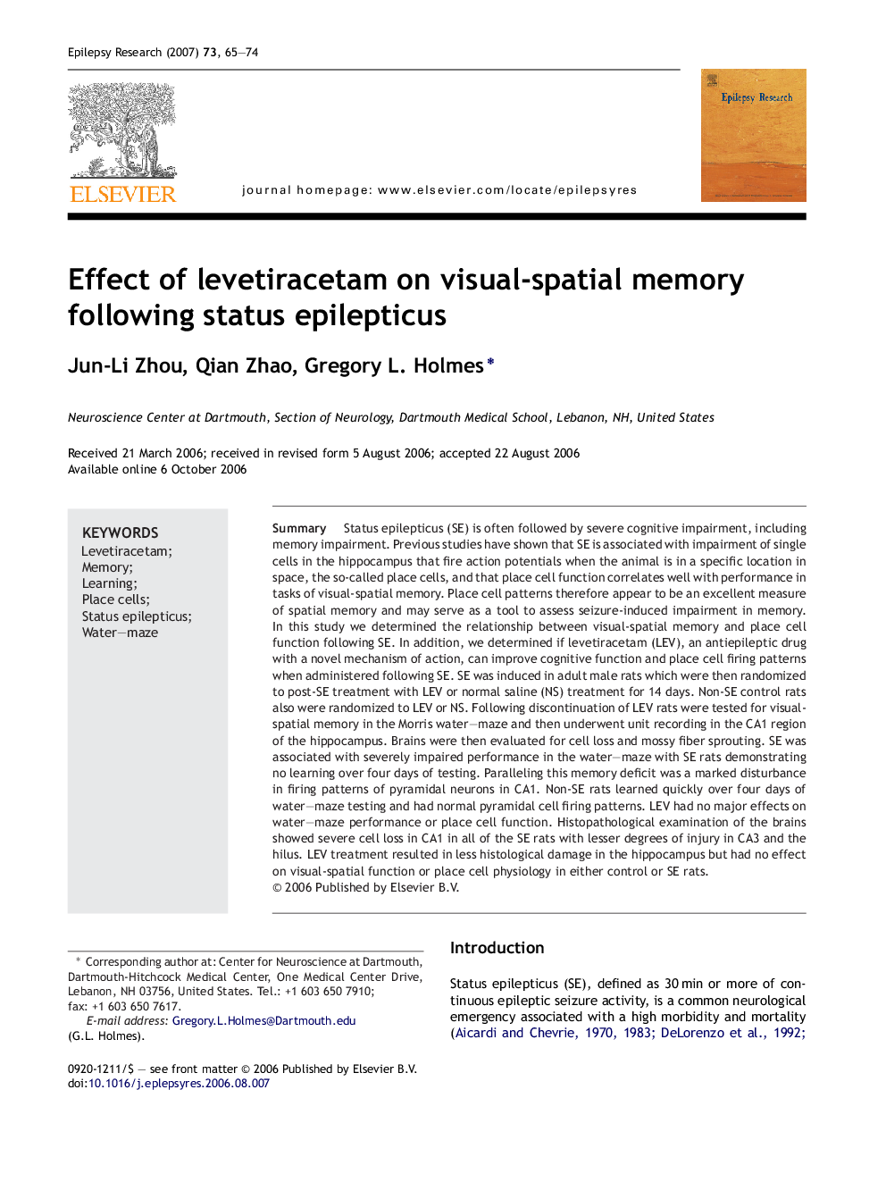 Effect of levetiracetam on visual-spatial memory following status epilepticus