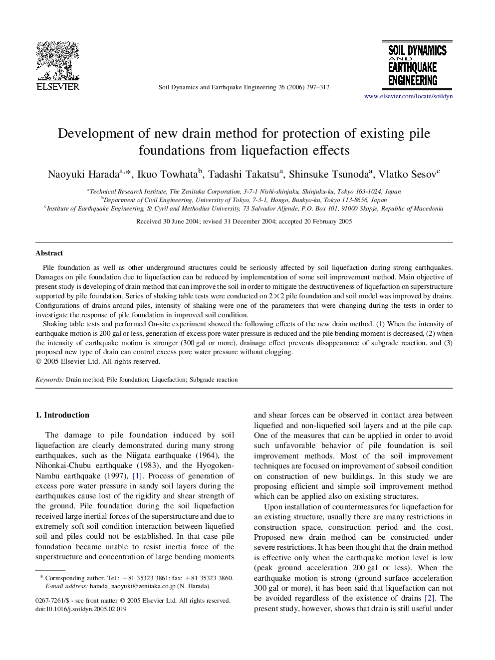 Development of new drain method for protection of existing pile foundations from liquefaction effects