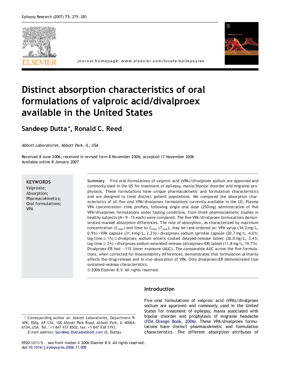 Distinct absorption characteristics of oral formulations of valproic acid/divalproex available in the United States