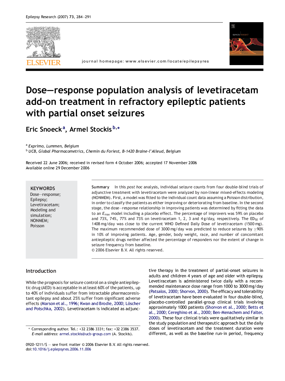 Dose–response population analysis of levetiracetam add-on treatment in refractory epileptic patients with partial onset seizures