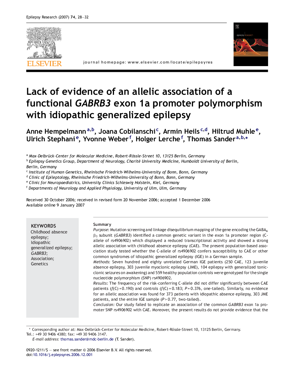 Lack of evidence of an allelic association of a functional GABRB3 exon 1a promoter polymorphism with idiopathic generalized epilepsy