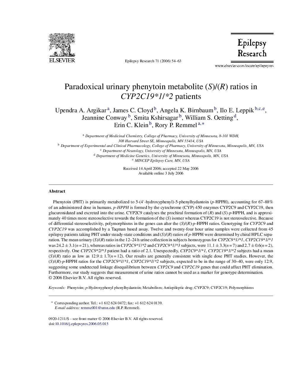 Paradoxical urinary phenytoin metabolite (S)/(R) ratios in CYP2C19*1/*2 patients