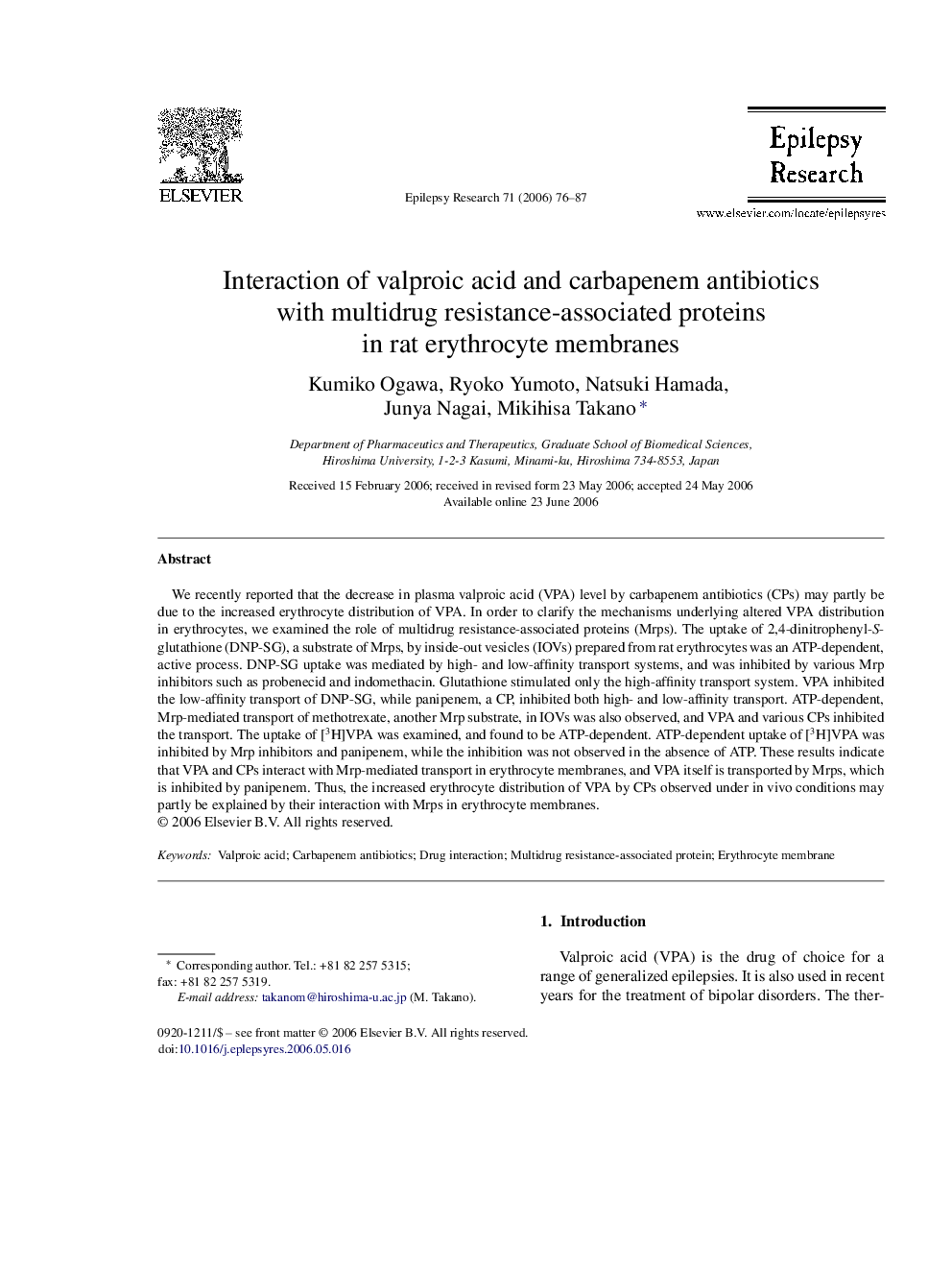 Interaction of valproic acid and carbapenem antibiotics with multidrug resistance-associated proteins in rat erythrocyte membranes