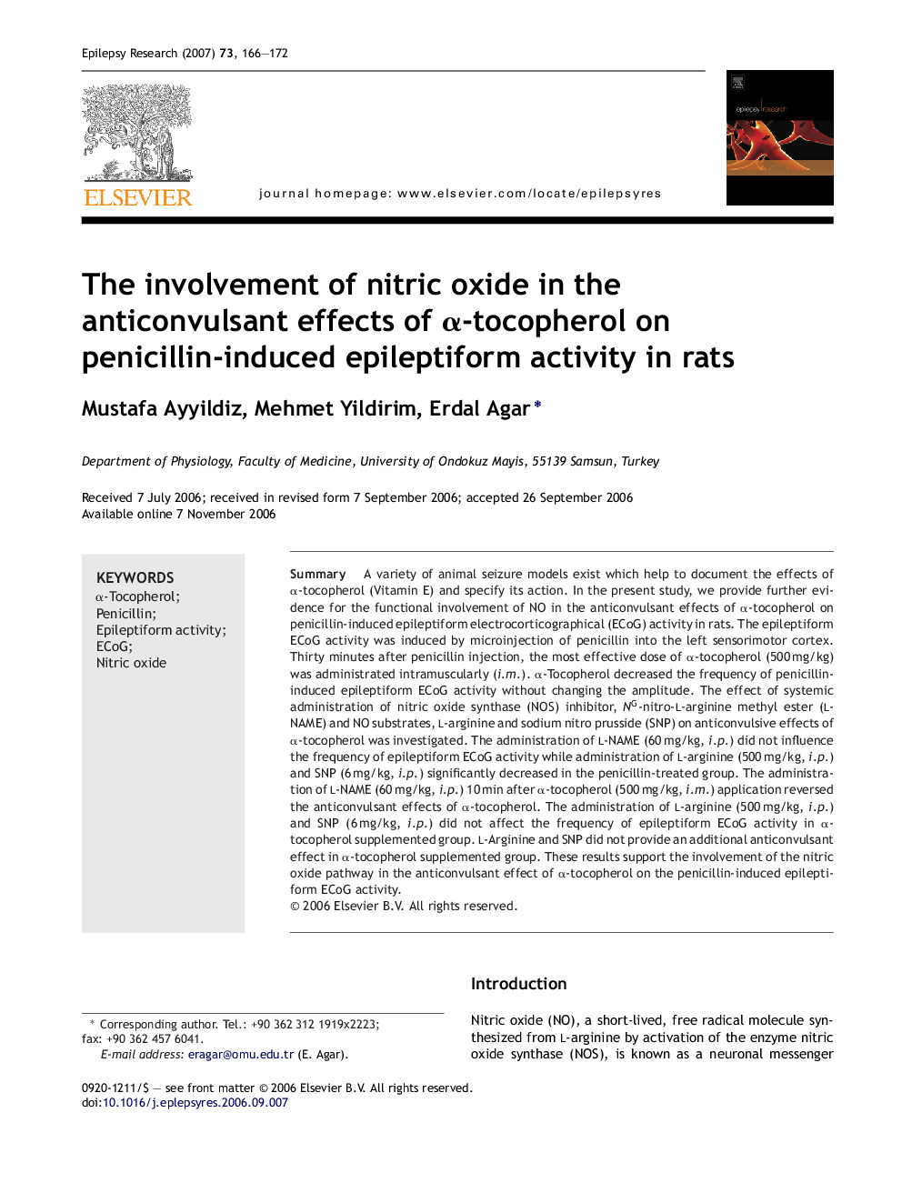 The involvement of nitric oxide in the anticonvulsant effects of α-tocopherol on penicillin-induced epileptiform activity in rats