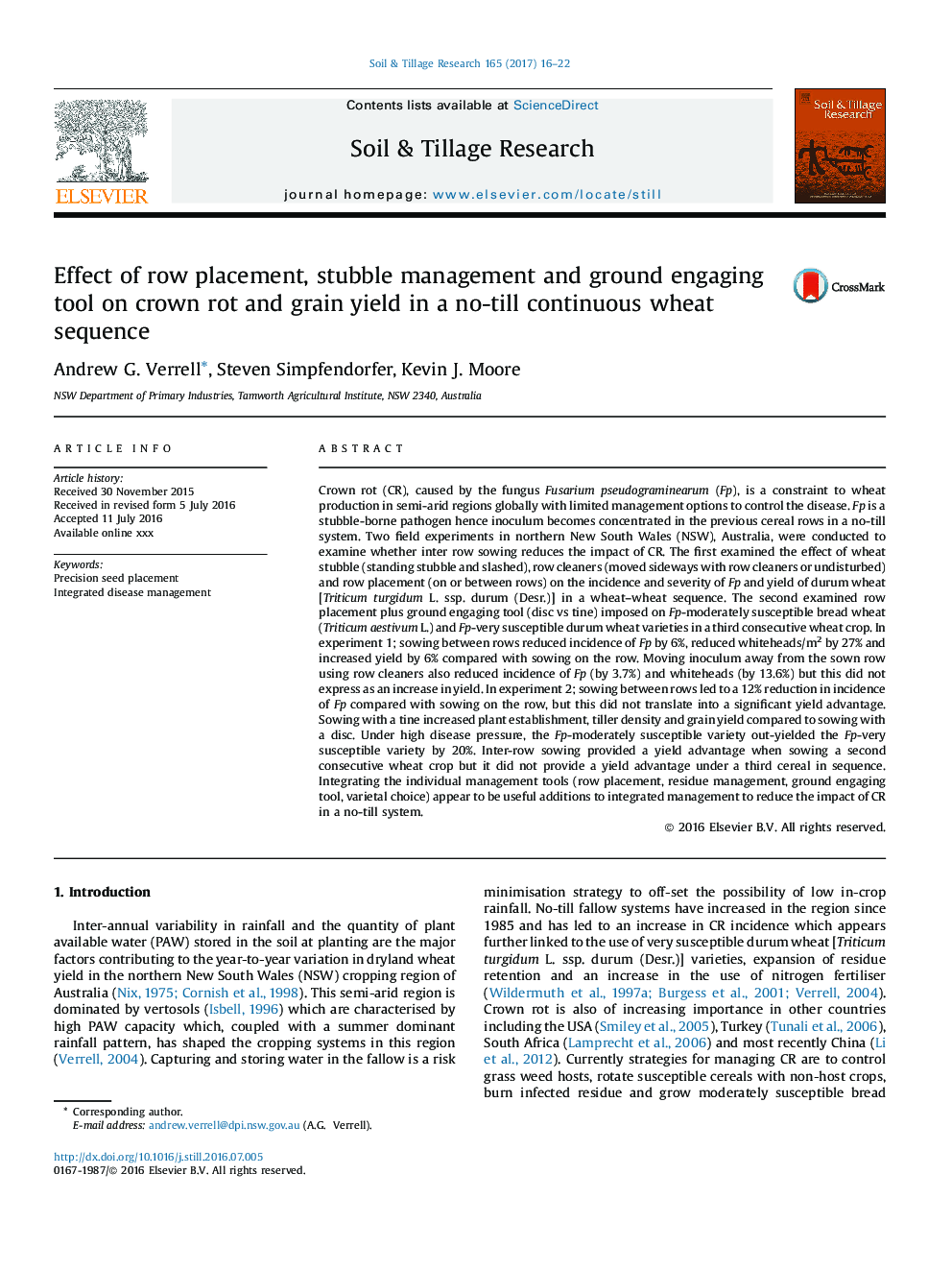 Effect of row placement, stubble management and ground engaging tool on crown rot and grain yield in a no-till continuous wheat sequence
