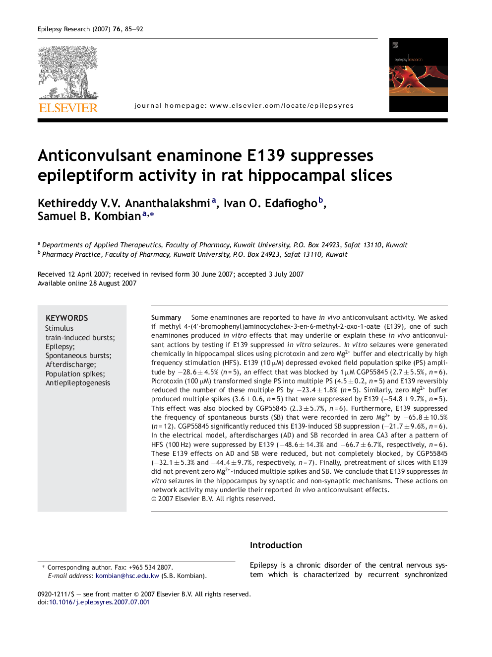 Anticonvulsant enaminone E139 suppresses epileptiform activity in rat hippocampal slices