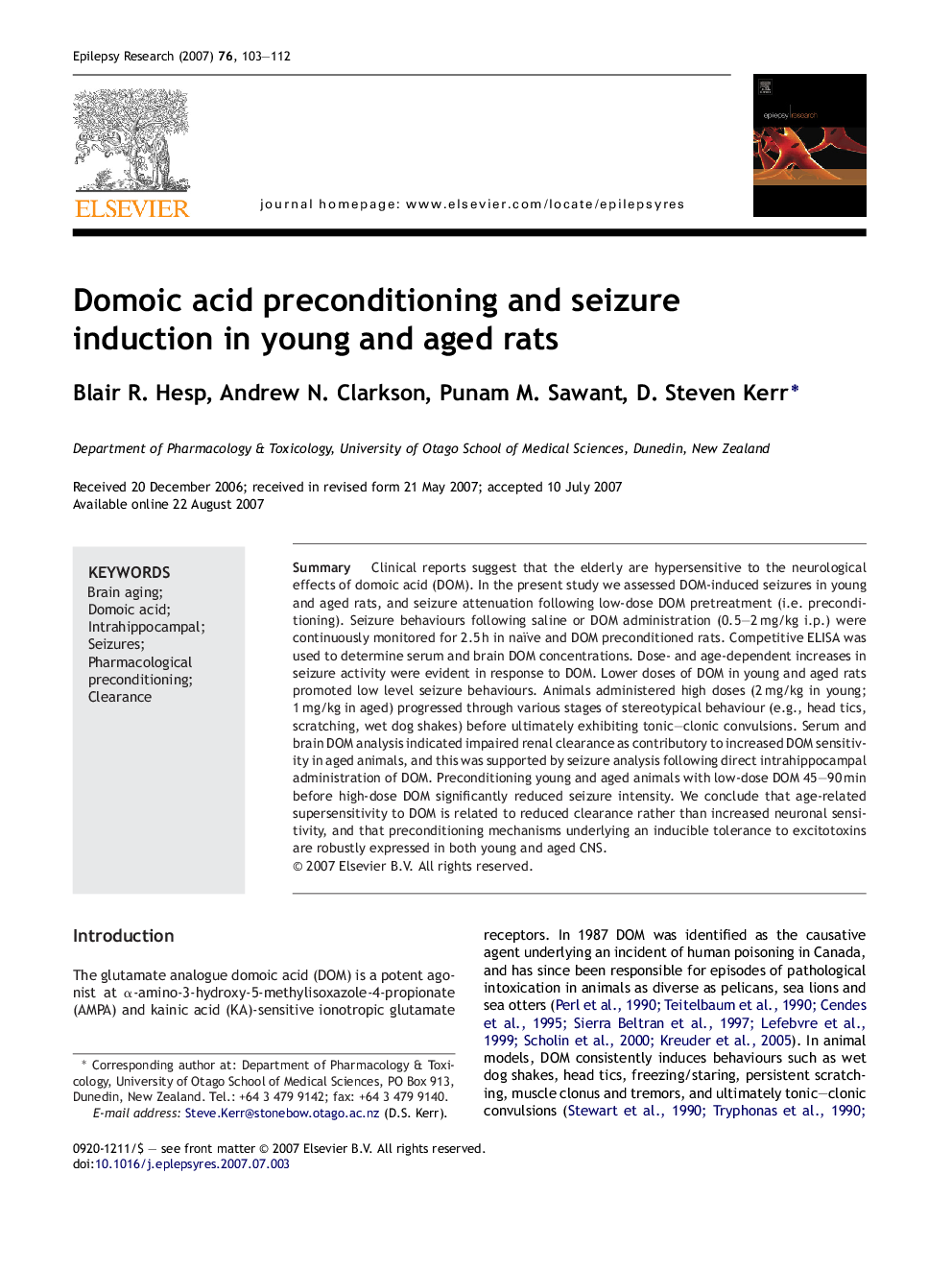 Domoic acid preconditioning and seizure induction in young and aged rats