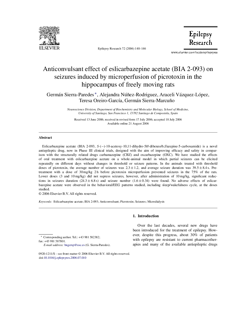 Anticonvulsant effect of eslicarbazepine acetate (BIA 2-093) on seizures induced by microperfusion of picrotoxin in the hippocampus of freely moving rats