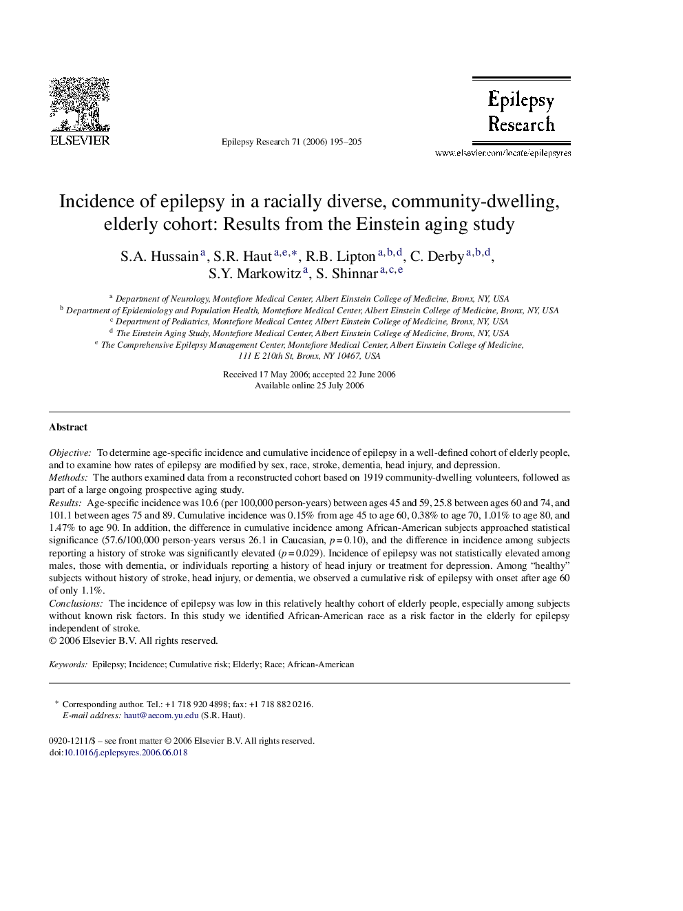 Incidence of epilepsy in a racially diverse, community-dwelling, elderly cohort: Results from the Einstein aging study