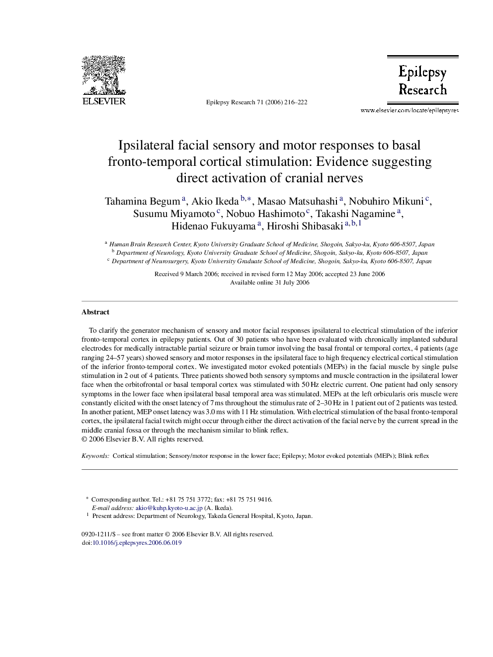 Ipsilateral facial sensory and motor responses to basal fronto-temporal cortical stimulation: Evidence suggesting direct activation of cranial nerves