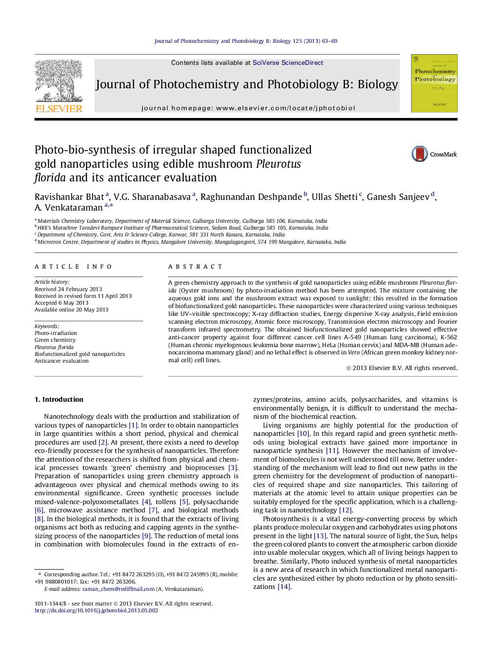 Photo-bio-synthesis of irregular shaped functionalized gold nanoparticles using edible mushroom Pleurotus florida and its anticancer evaluation