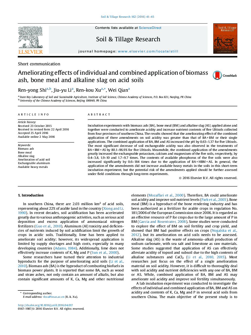 Ameliorating effects of individual and combined application of biomass ash, bone meal and alkaline slag on acid soils