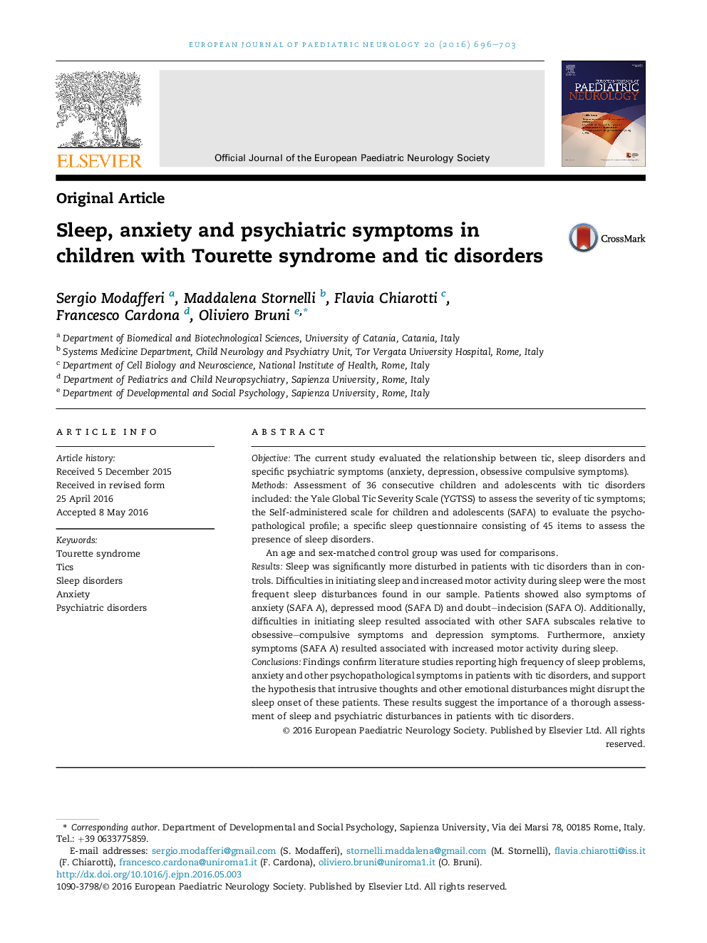 Sleep, anxiety and psychiatric symptoms in children with Tourette syndrome and tic disorders