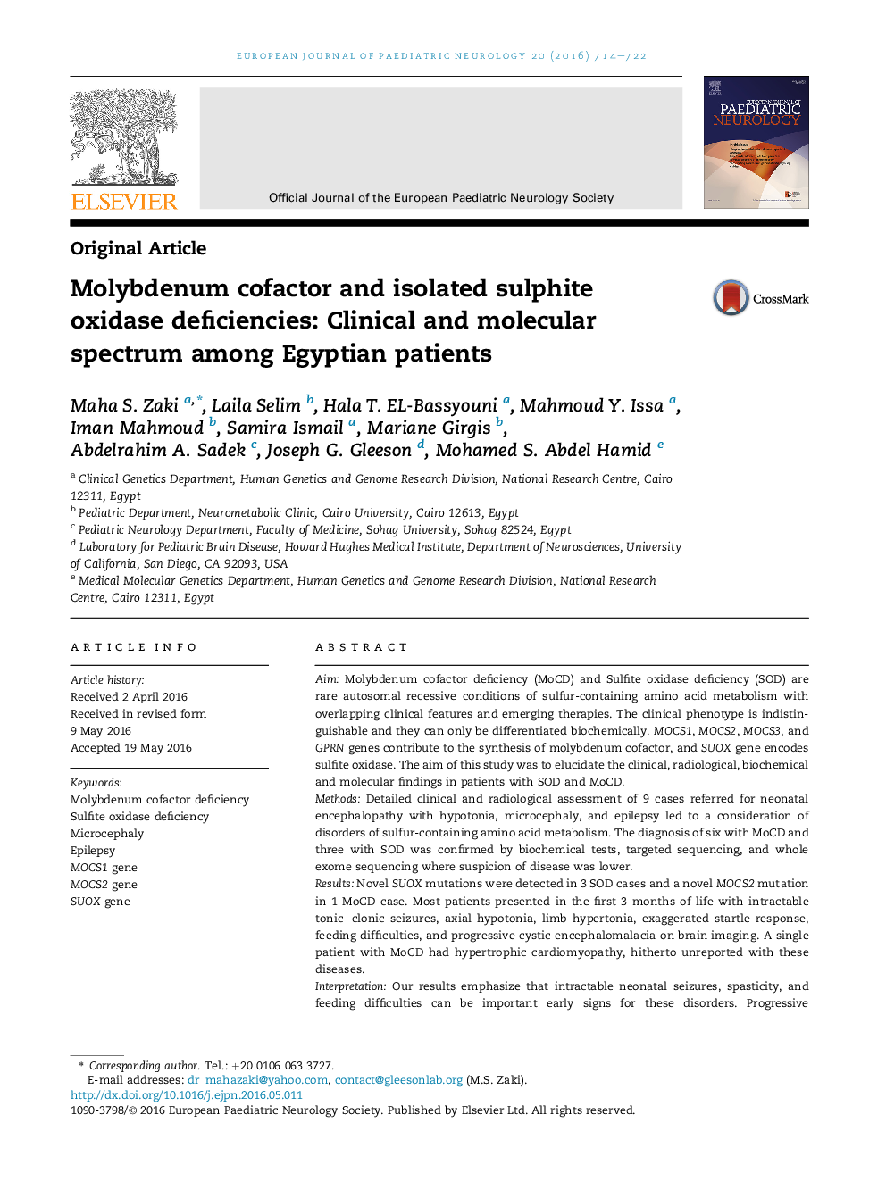 Molybdenum cofactor and isolated sulphite oxidase deficiencies: Clinical and molecular spectrum among Egyptian patients