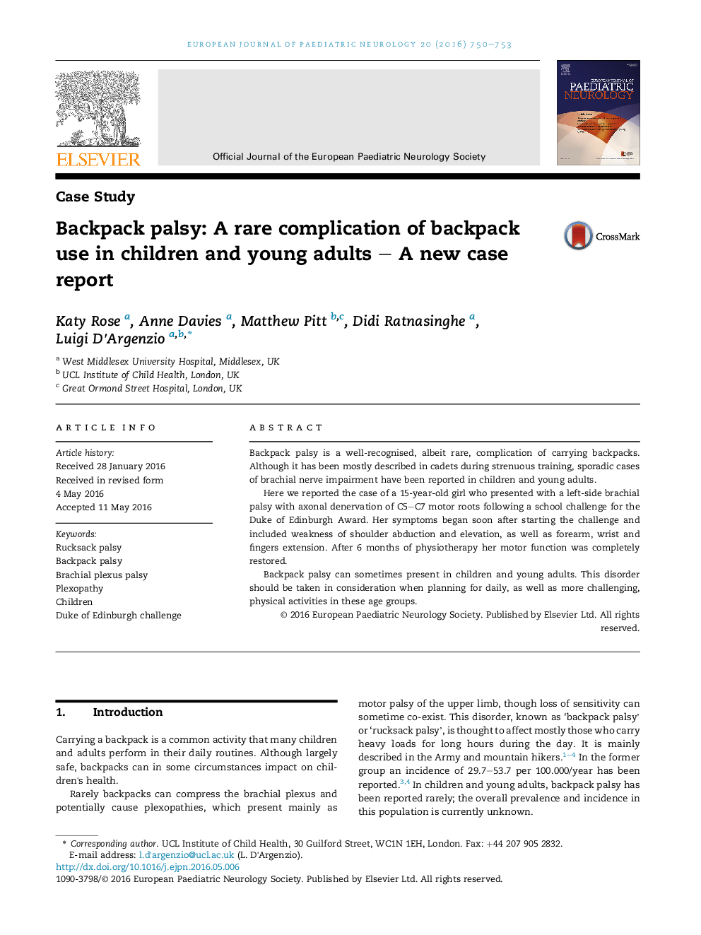 Backpack palsy: A rare complication of backpack use in children and young adults – A new case report