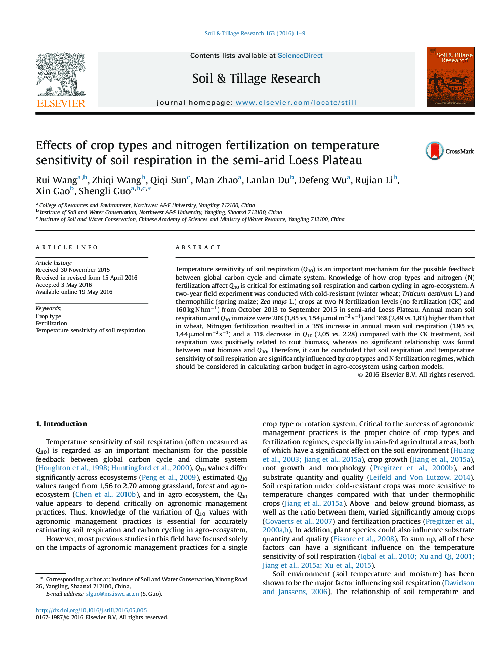 Effects of crop types and nitrogen fertilization on temperature sensitivity of soil respiration in the semi-arid Loess Plateau