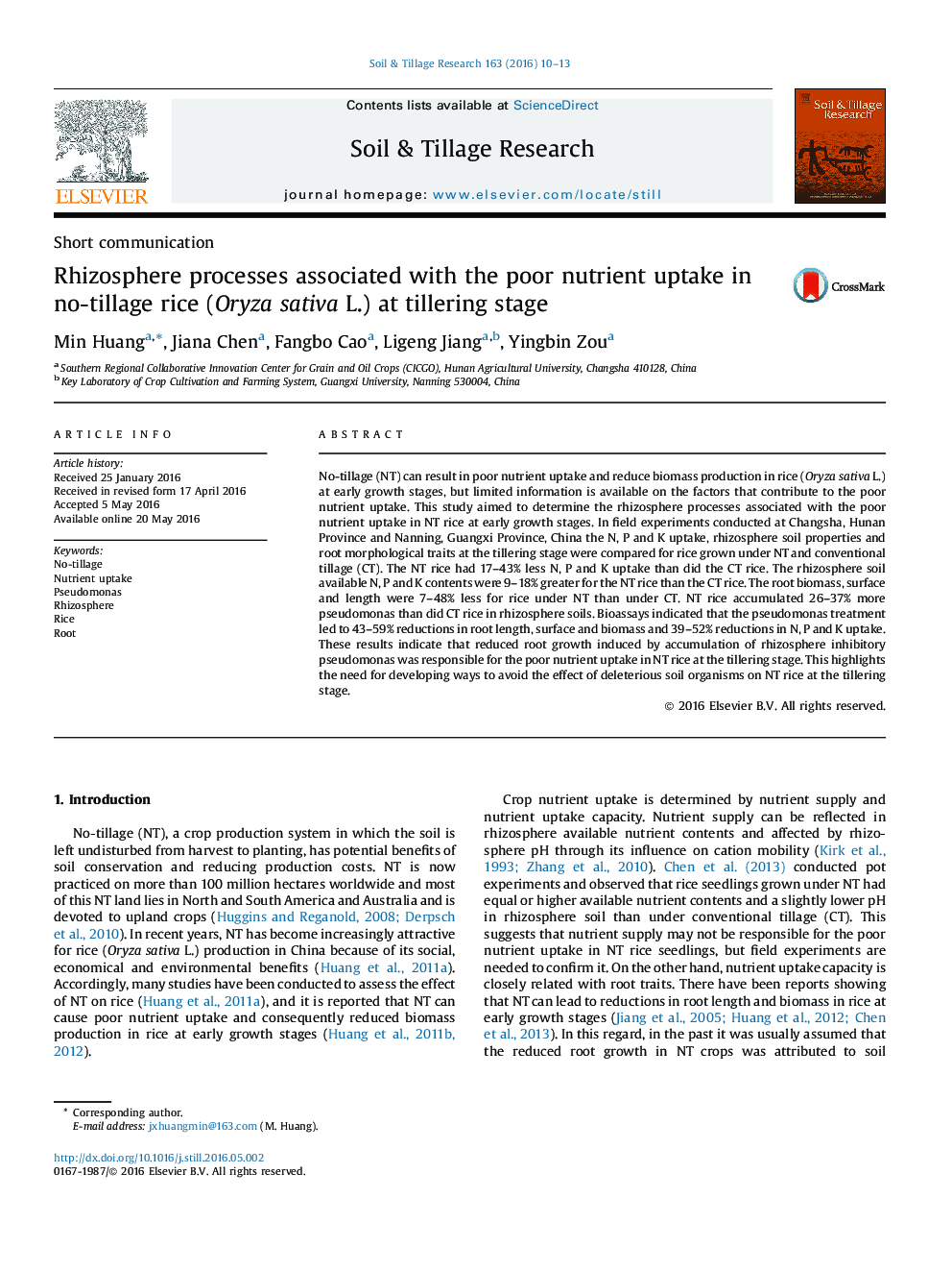 Rhizosphere processes associated with the poor nutrient uptake in no-tillage rice (Oryza sativa L.) at tillering stage