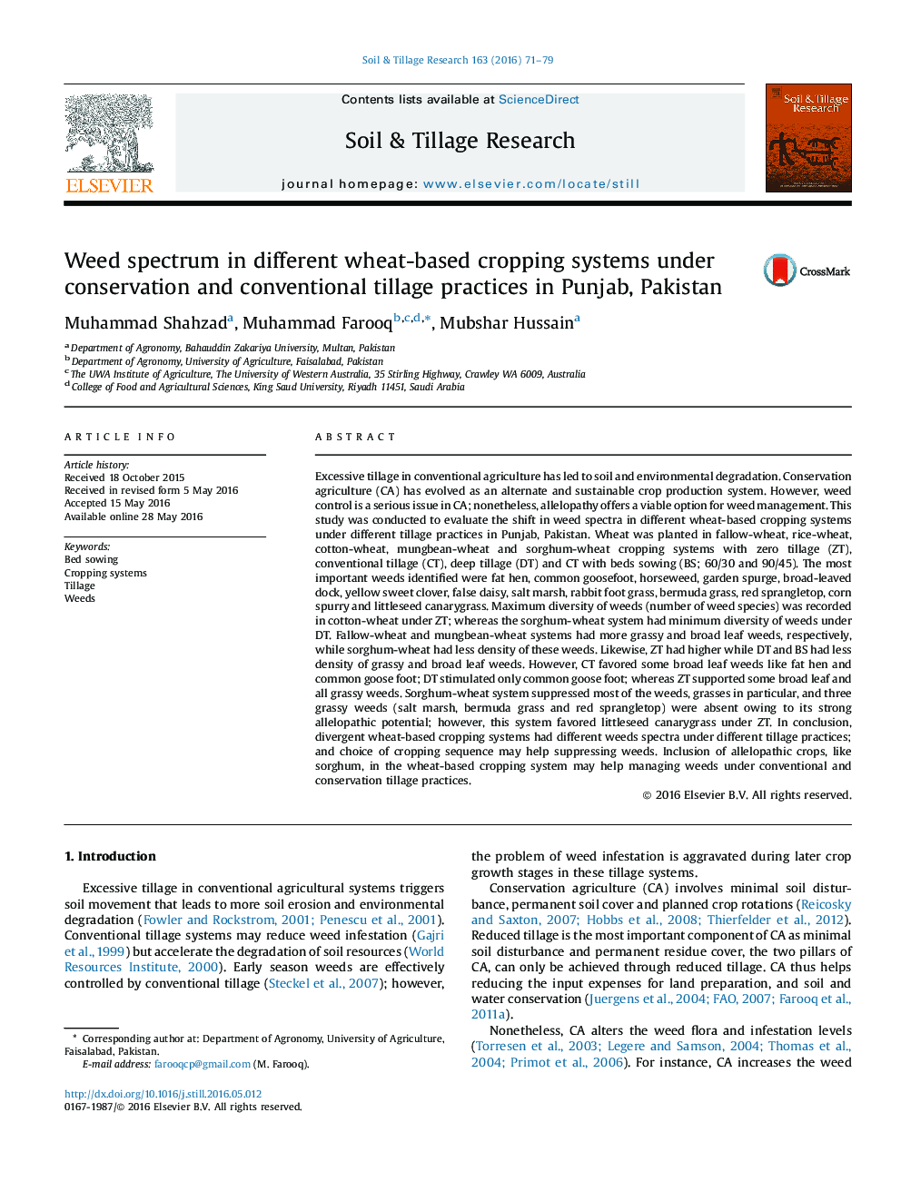 Weed spectrum in different wheat-based cropping systems under conservation and conventional tillage practices in Punjab, Pakistan